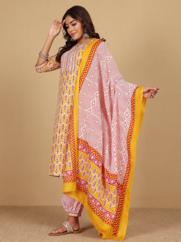 Varanga Women Ethnic Jaipuri Printed Angrakha with Salwar & Dupatta